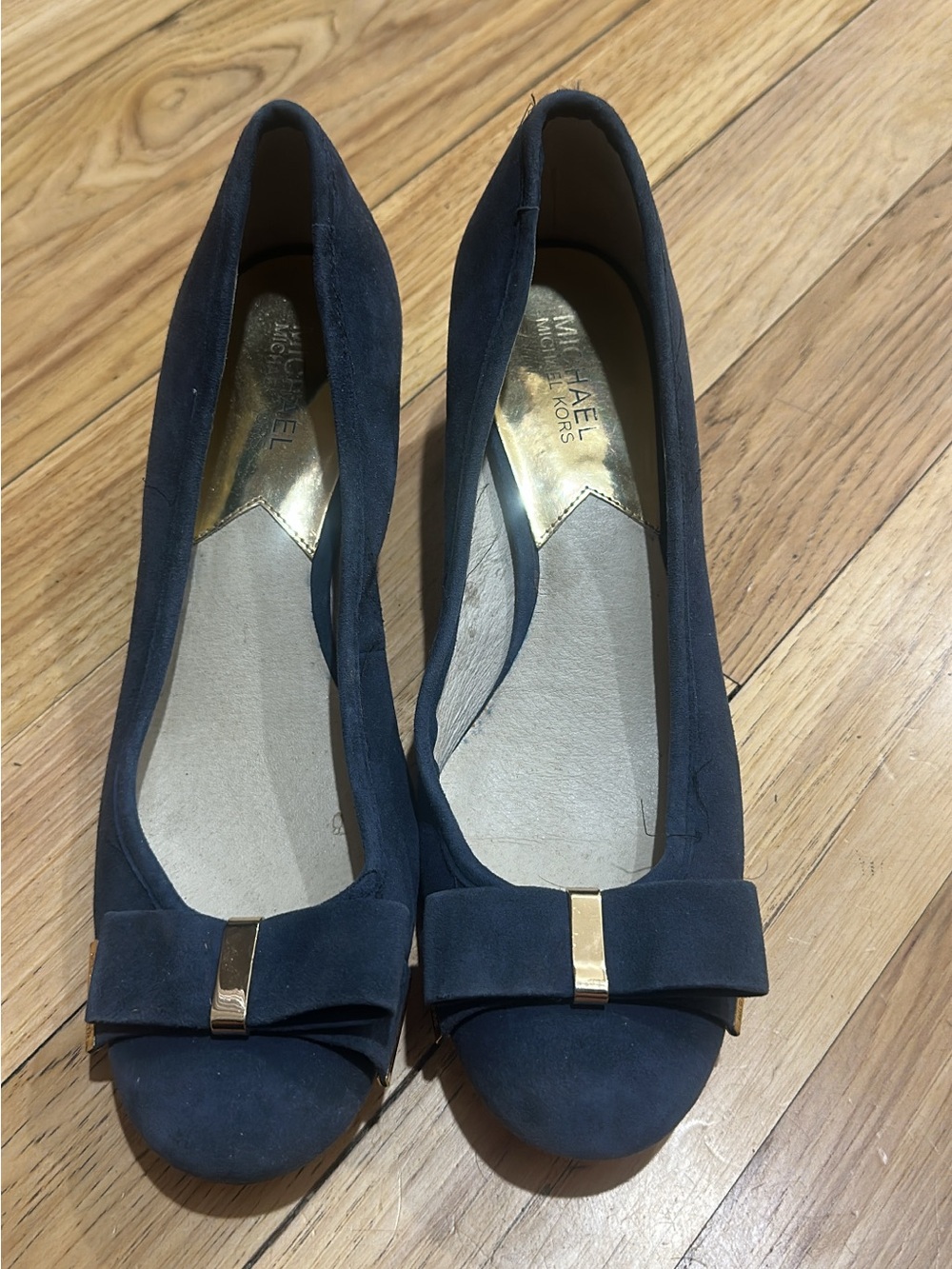 MICHAEL Michael Kors Navy Suede Bow Flats with Gold Accent